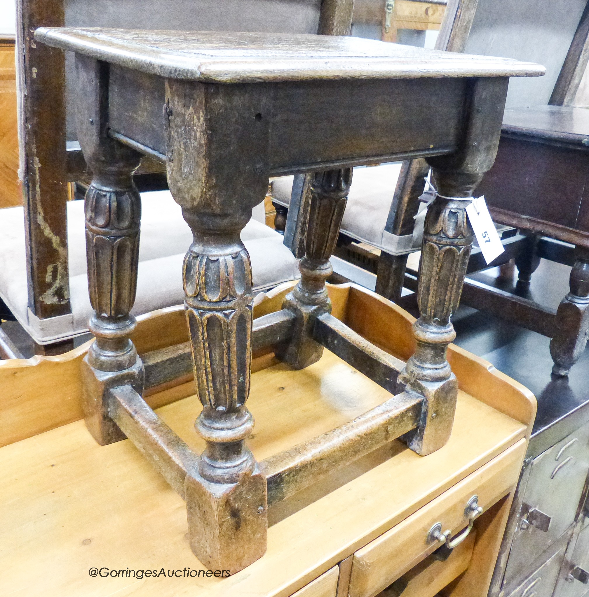 An Elizabethan style rectangular oak joint stool, width 43cm, depth 28cm, height 47cm